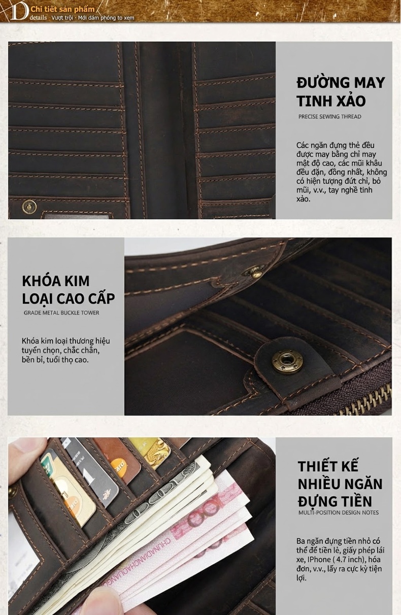 Ví Dài Nam Da Thật Khóa Kéo Phong Cách Retro Màu Nâu chi tiết 14