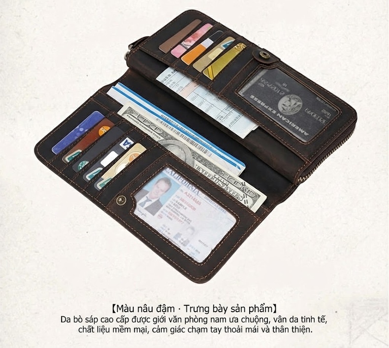 Ví Dài Nam Da Thật Khóa Kéo Phong Cách Retro Màu Nâu chi tiết 13