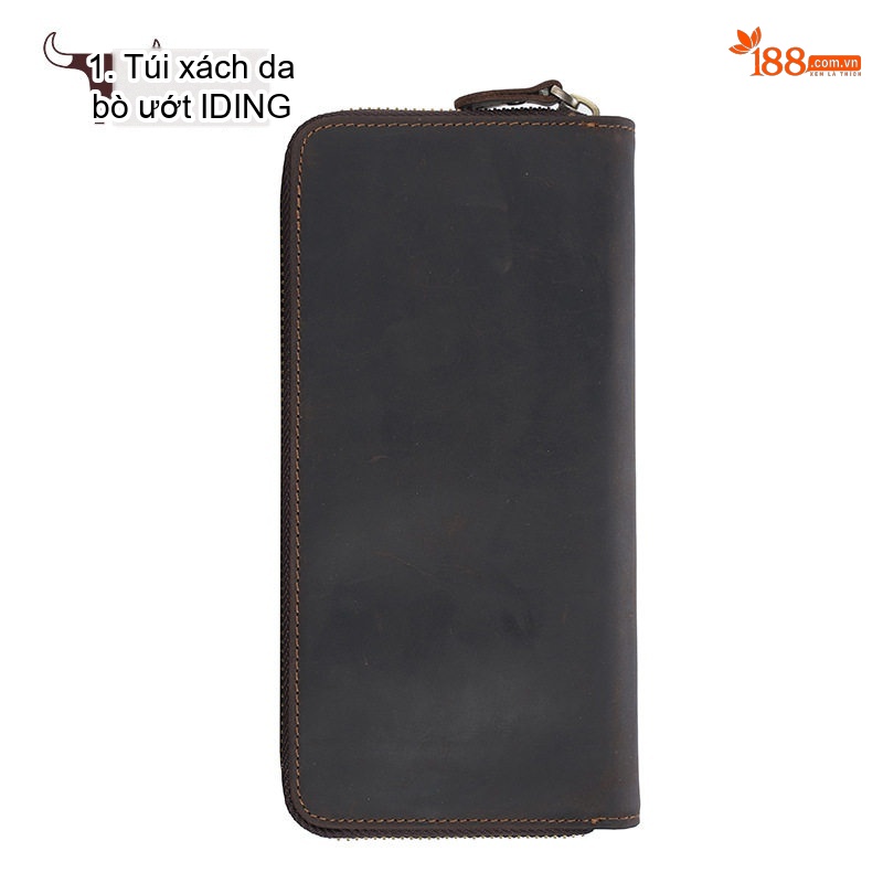 Ví Dài Nam Da Thật Khóa Kéo Phong Cách Retro Màu Nâu