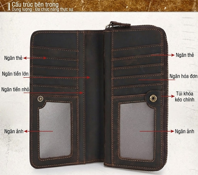 Ví Dài Nam Da Thật Khóa Kéo Phong Cách Retro Màu Nâu chi tiết 5