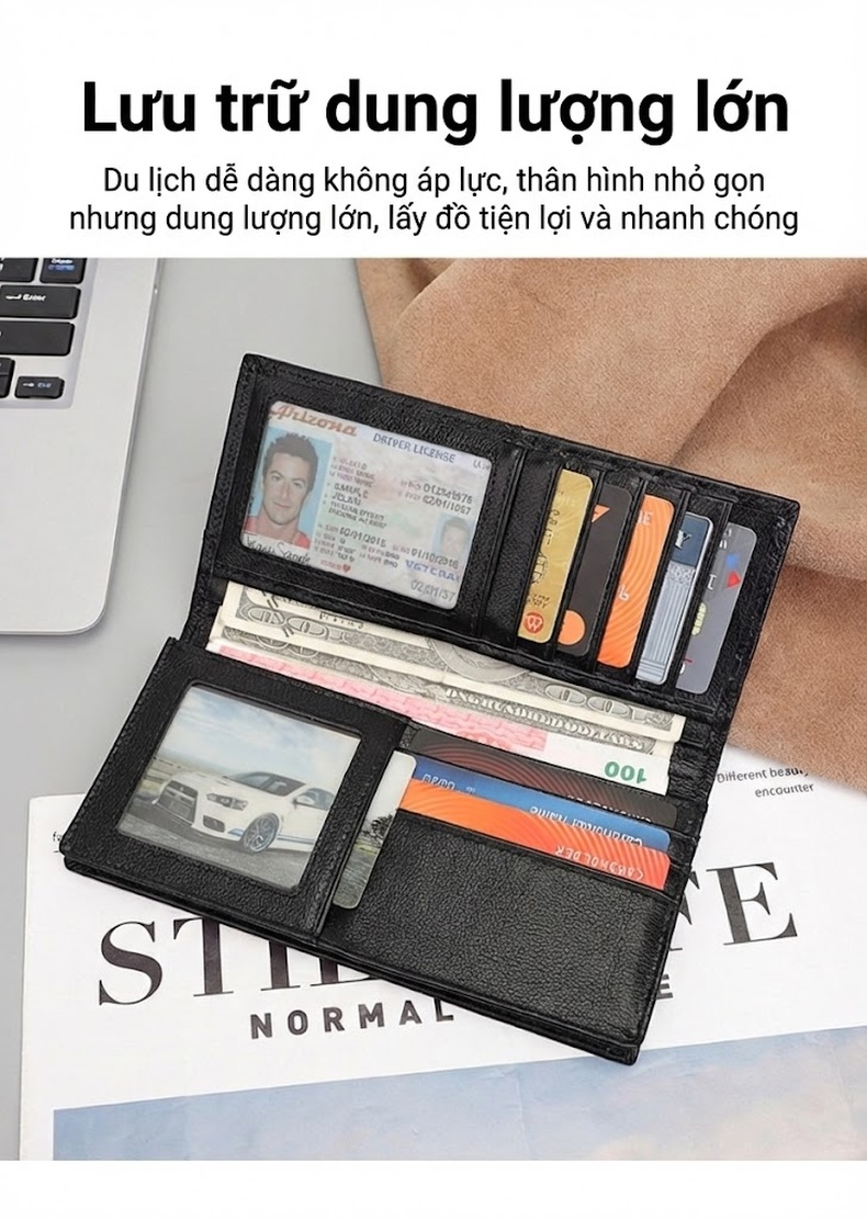 Ví Dài Nam Da Thật Nappa Đựng Tiền & Thẻ Màu Đen chi tiết 6