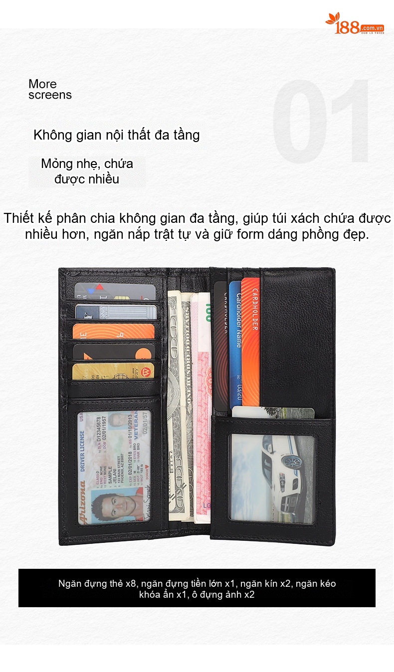 Ví Dài Nam Da Thật Nappa Đựng Tiền & Thẻ Màu Đen chi tiết 7