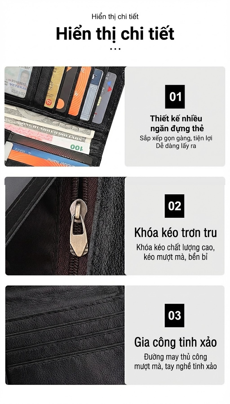 Ví Dài Nam Da Thật Nappa Đựng Tiền & Thẻ Màu Đen chi tiết 9
