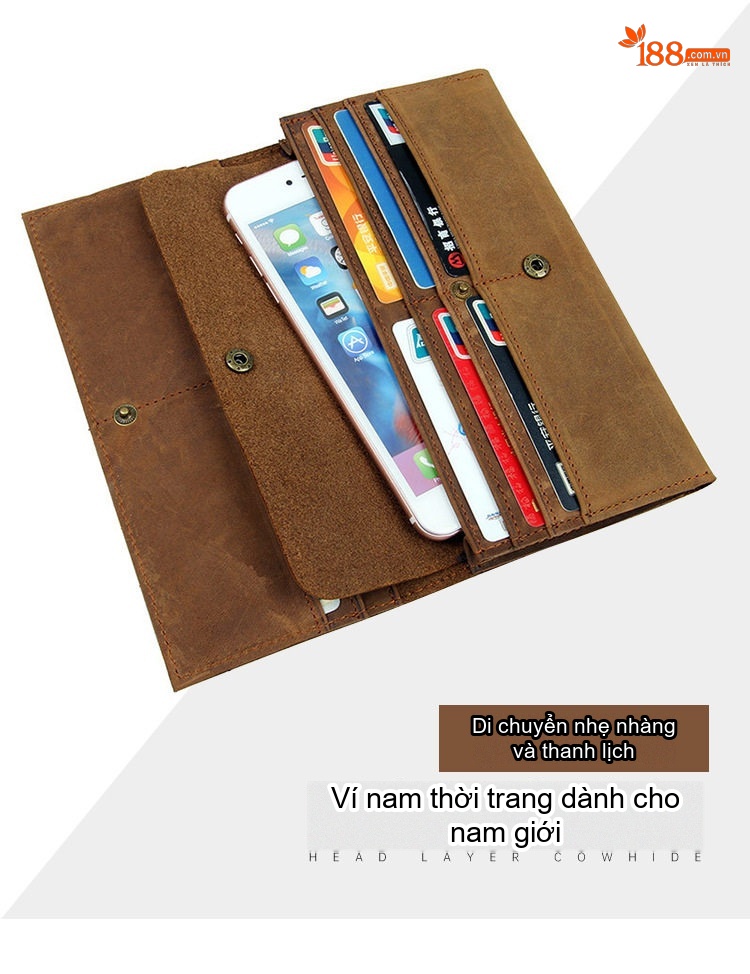 Ví Dài Nam Da Thật Phong Cách Retro Đựng Tiền Xu, Thẻ, Hộ Chiếu Màu Nâu chi tiết 1