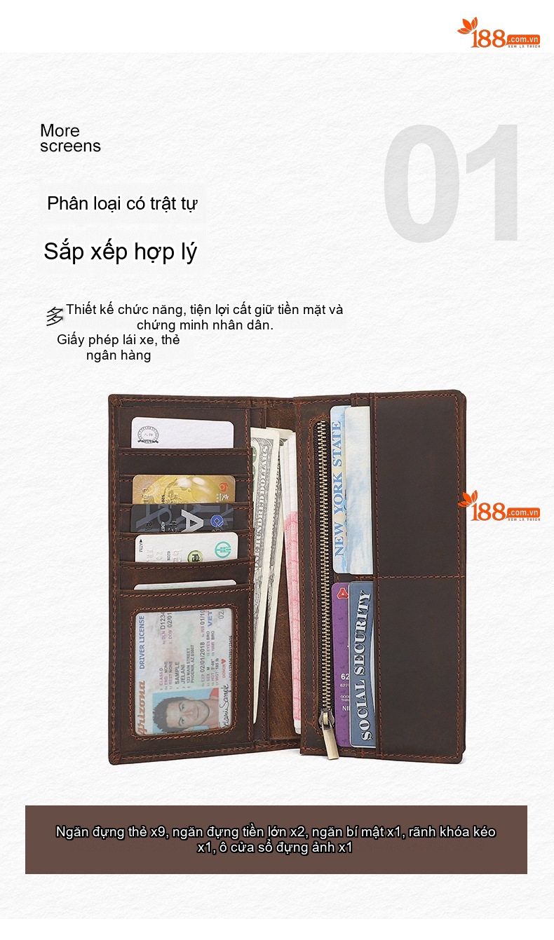 Ví Dài Nam Da Thật Phong Cách Retro Nhiều Ngăn Đựng Thẻ Màu Nâu chi tiết 3