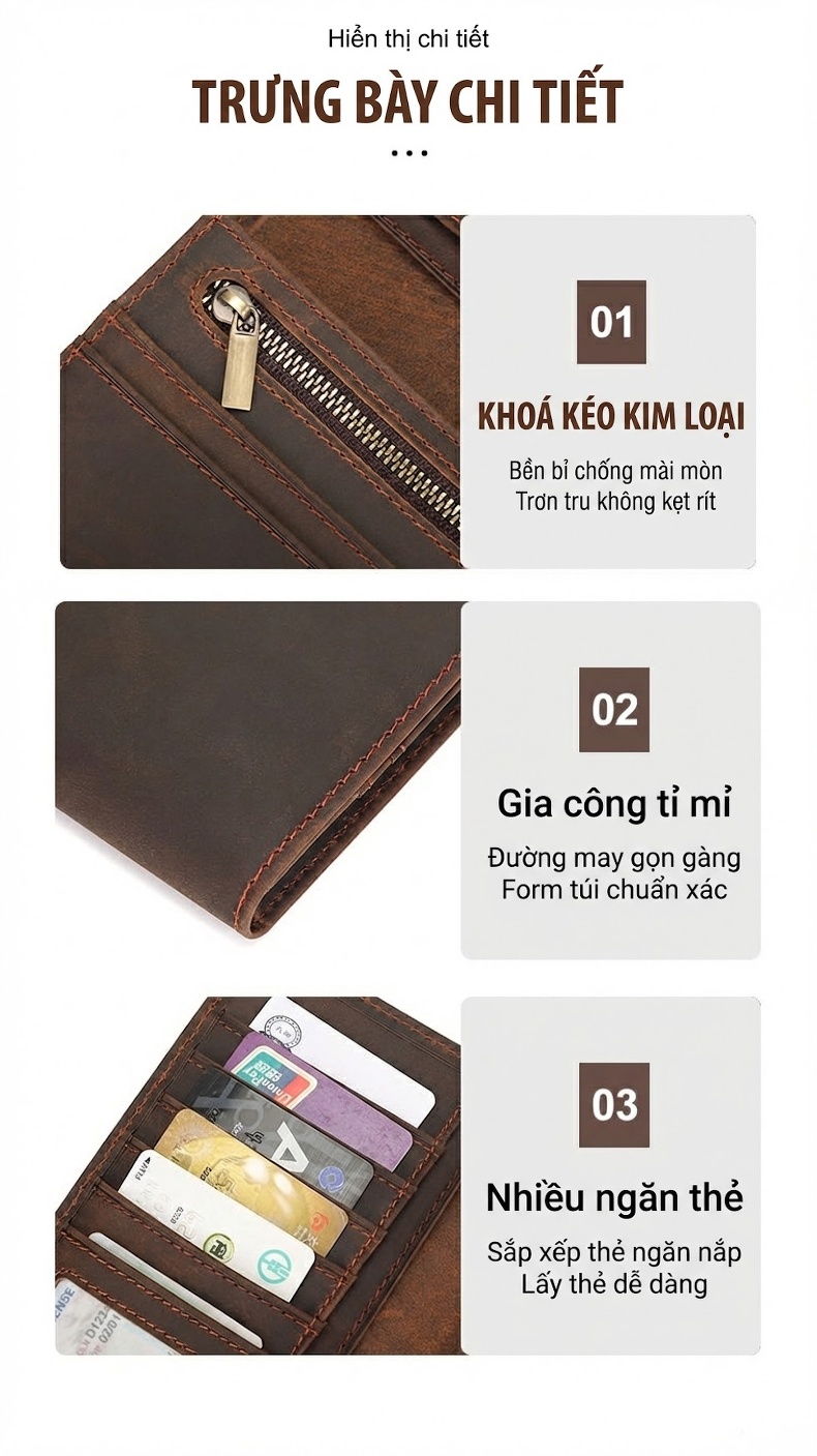 Ví Dài Nam Da Thật Phong Cách Retro Nhiều Ngăn Đựng Thẻ Màu Nâu chi tiết 5