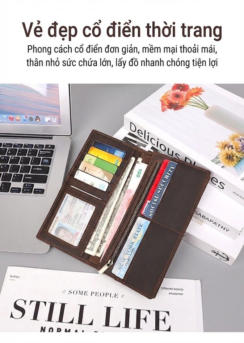 Ví Dài Nam Da Thật Phong Cách Retro Nhiều Ngăn Đựng Thẻ Màu Nâu chi tiết 2