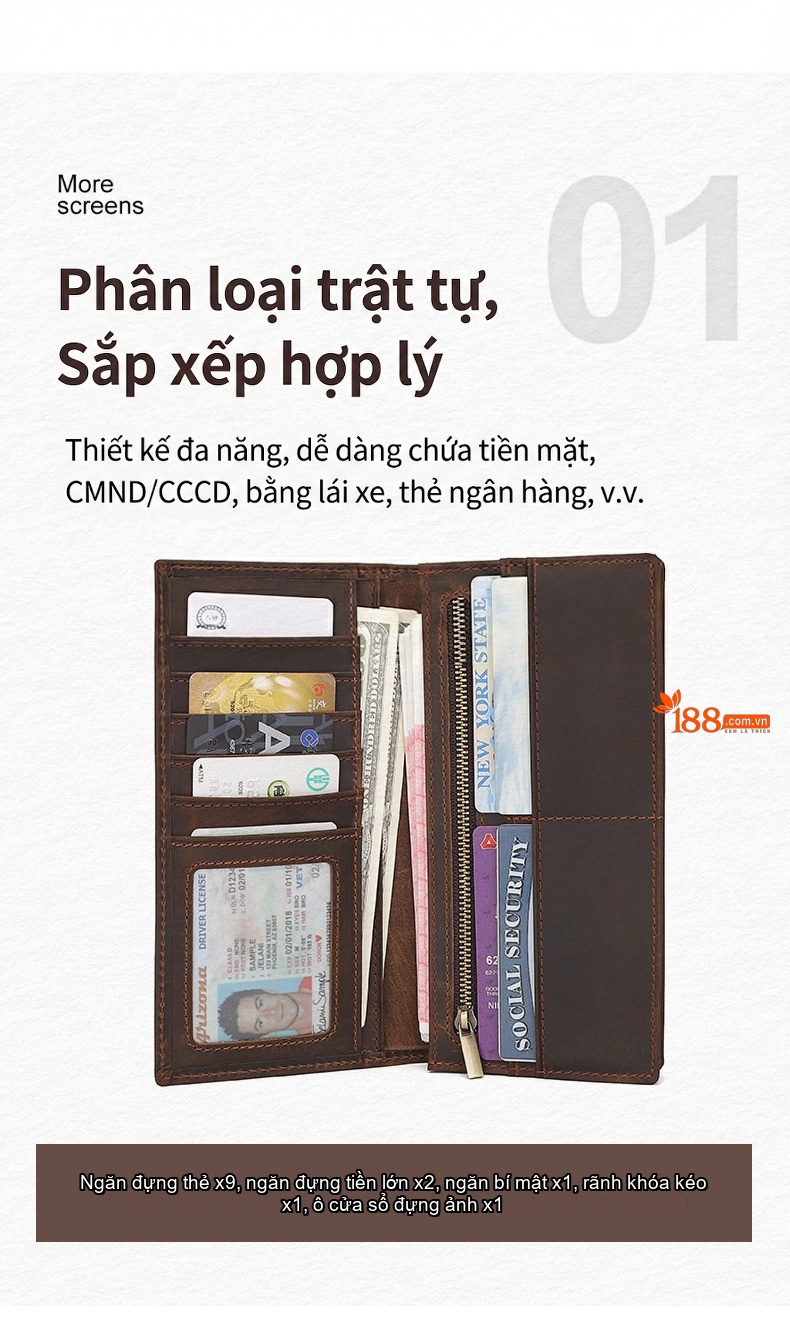 Ví Dài Nam Da Thật Phong Cách Retro Nhiều Ngăn Đựng Thẻ Tiền Xu Chống Trộm Màu Nâu chi tiết 4