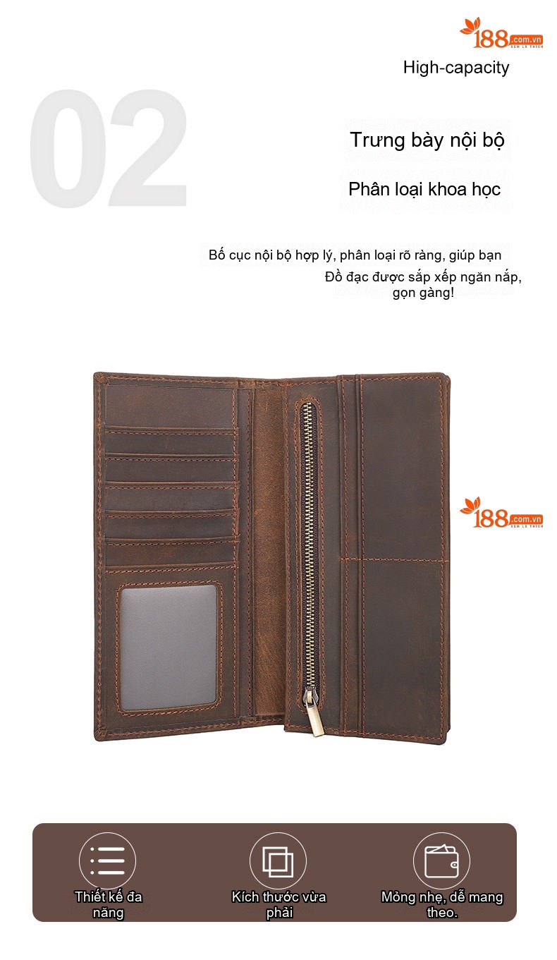 Ví Dài Nam Da Thật Phong Cách Retro Nhiều Ngăn Đựng Thẻ Tiền Xu Chống Trộm Màu Nâu chi tiết 5
