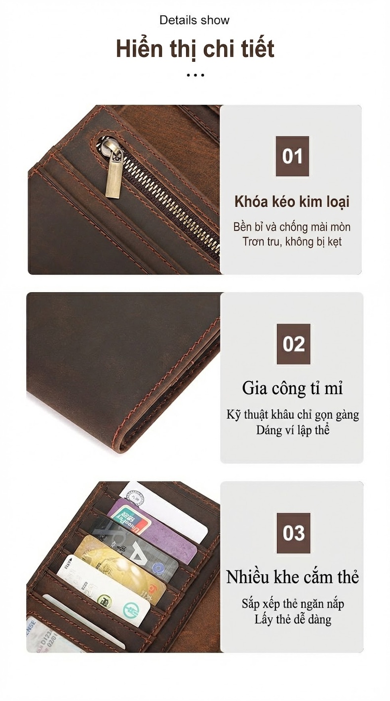 Ví Dài Nam Da Thật Phong Cách Retro Nhiều Ngăn Đựng Thẻ Tiền Xu Chống Trộm Màu Nâu chi tiết 6