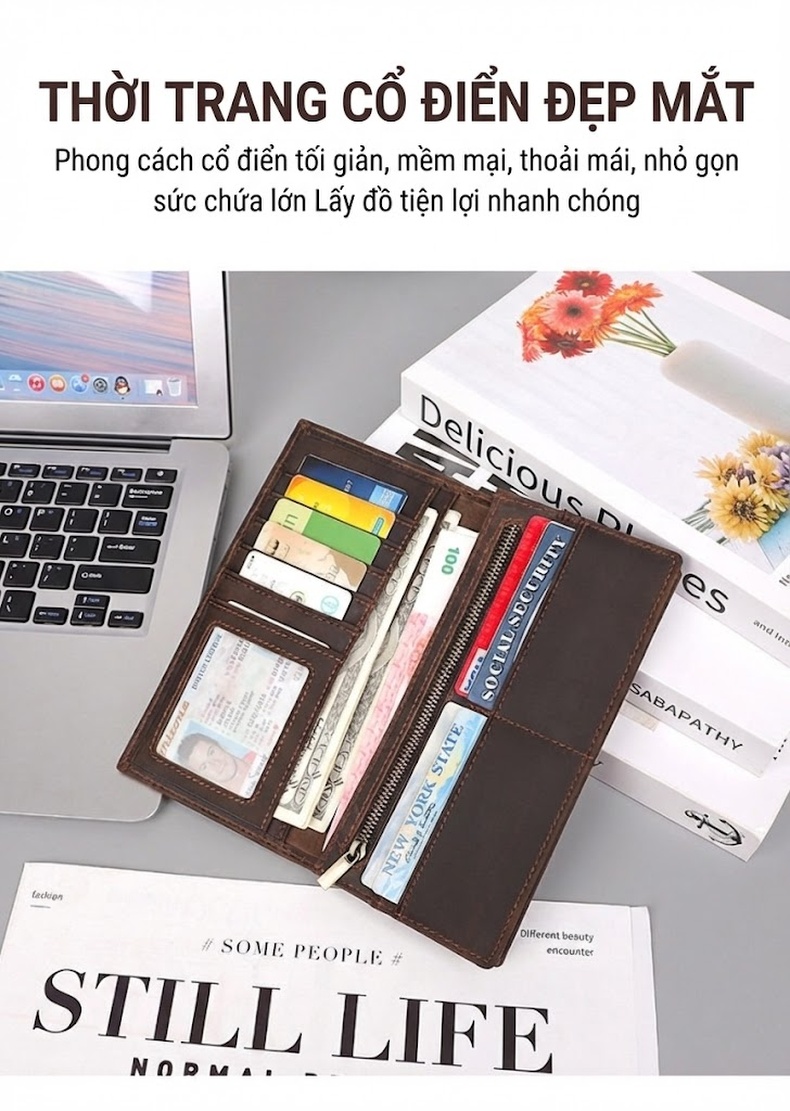 Ví Dài Nam Da Thật Phong Cách Retro Nhiều Ngăn Đựng Thẻ Tiền Xu Chống Trộm Màu Nâu chi tiết 3