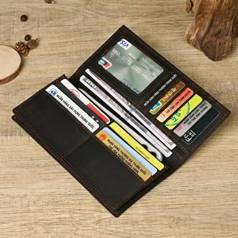 Ví Dài Nam Da Thật Phong Cách Retro Nhiều Ngăn Màu Nâu Đen chi tiết 2