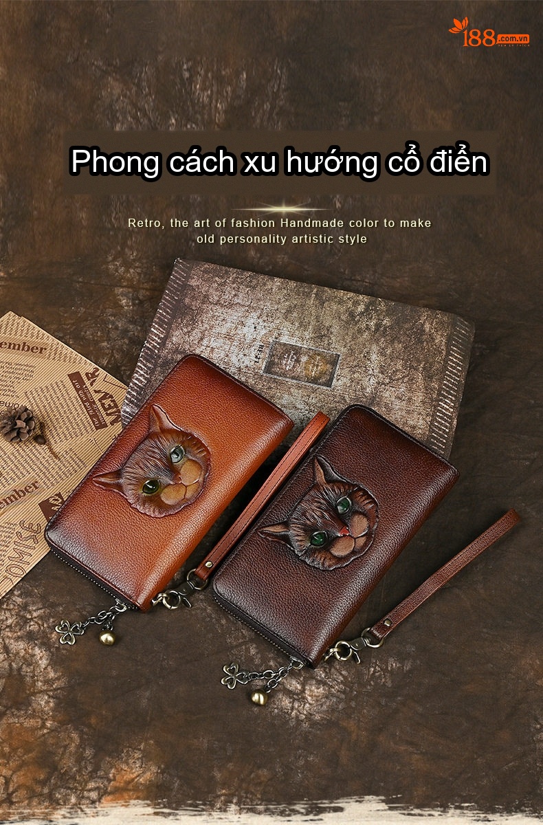 Ví Dài Nữ Da Bò Cầm Tay Khóa Kéo Hình Mèo Vintage Màu Nâu chi tiết 1