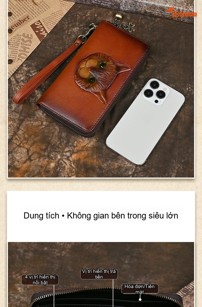 Ví Dài Nữ Da Bò Cầm Tay Khóa Kéo Hình Mèo Vintage Màu Nâu chi tiết 5