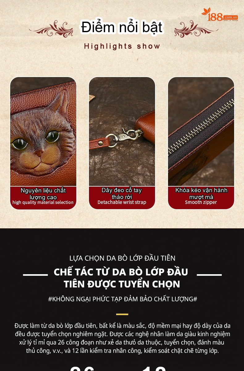 Ví Dài Nữ Da Bò Cầm Tay Khóa Kéo Hình Mèo Vintage Màu Nâu chi tiết 3
