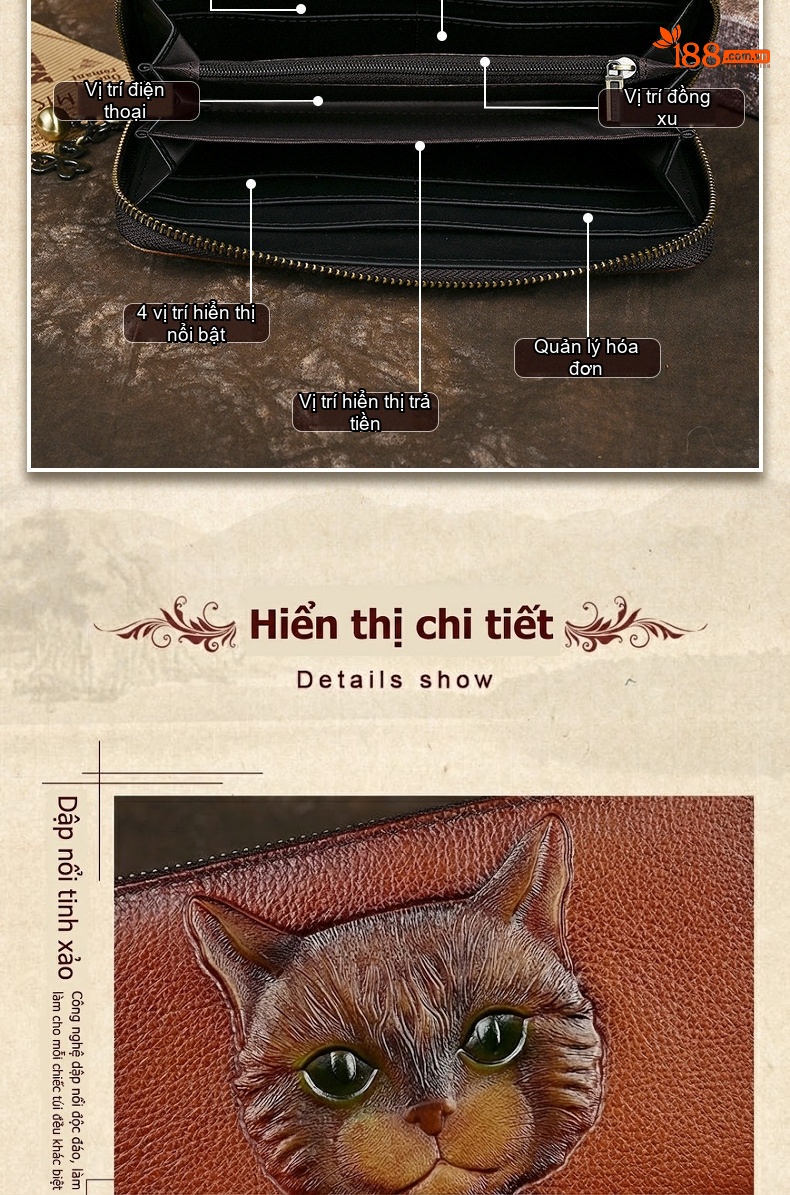 Ví Dài Nữ Da Bò Cầm Tay Khóa Kéo Hình Mèo Vintage Màu Nâu chi tiết 6