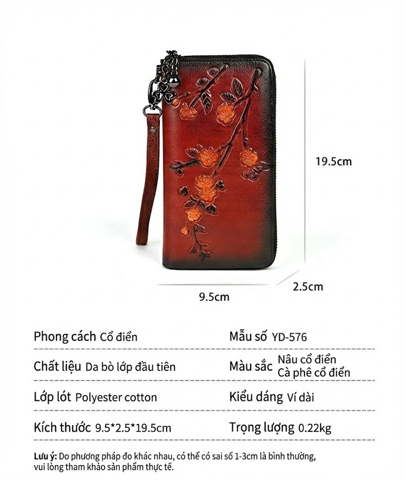 Ví Dài Nữ Da Bò Dập Hoa Mai Cổ Điển Phong Cách Dân Tộc Màu Nâu, Đỏ chi tiết 3