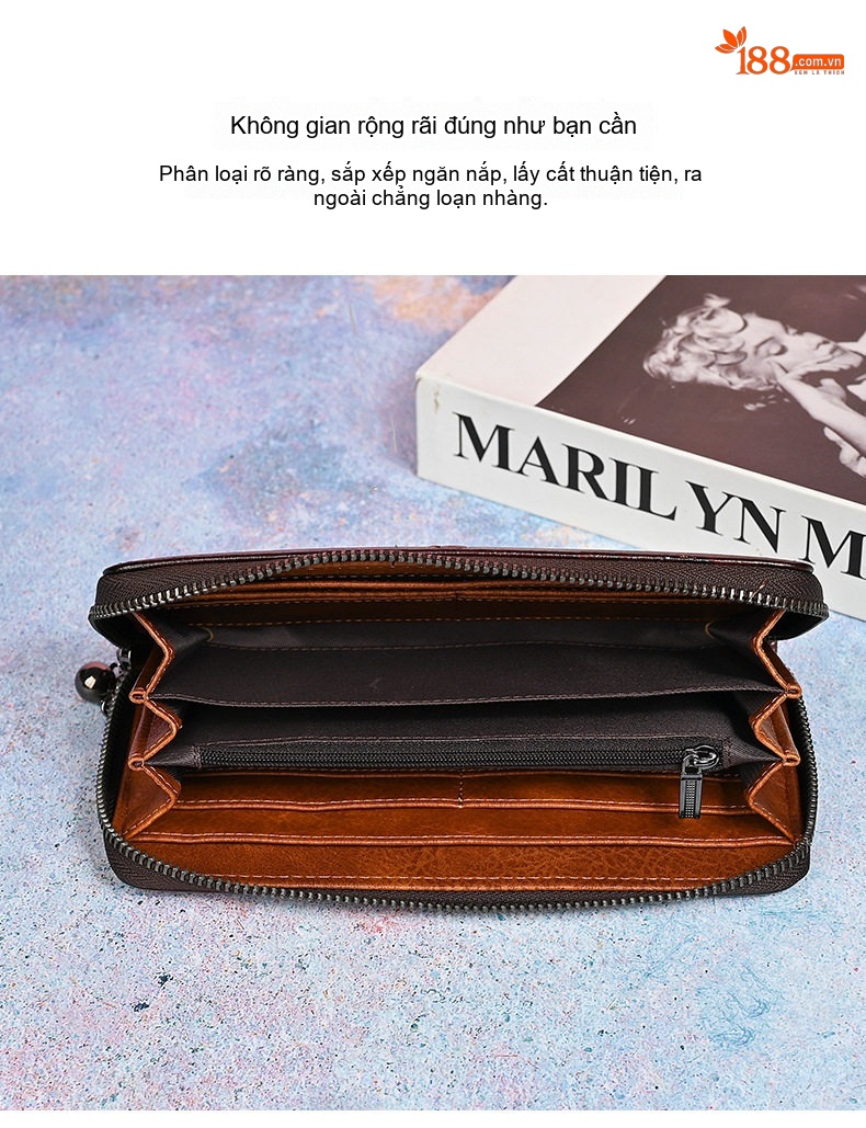 Ví Dài Nữ Da Bò Dập Hoa Mai Cổ Điển Phong Cách Dân Tộc Màu Nâu, Đỏ chi tiết 10