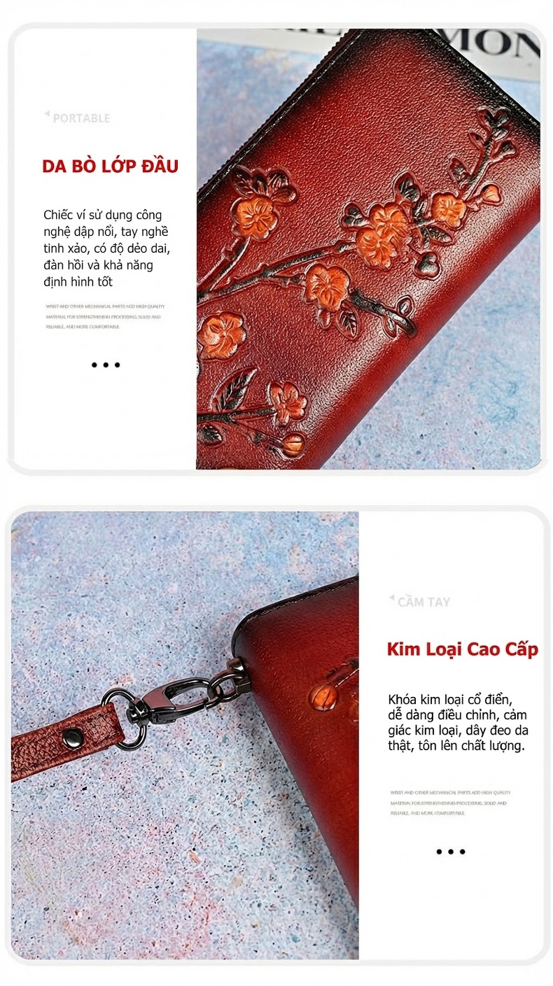 Ví Dài Nữ Da Bò Dập Hoa Mai Cổ Điển Phong Cách Dân Tộc Màu Nâu, Đỏ chi tiết 12