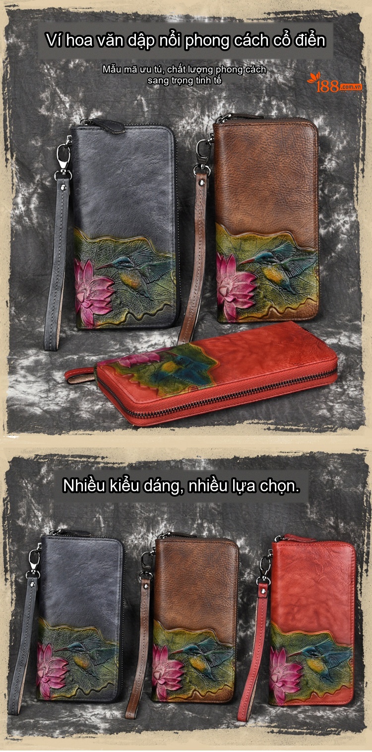Ví Dài Nữ Da Bò Dập Nổi Họa Tiết Hoa Lá Khóa Kéo Phong Cách Retro Màu Đen, Nâu, Đỏ chi tiết 1