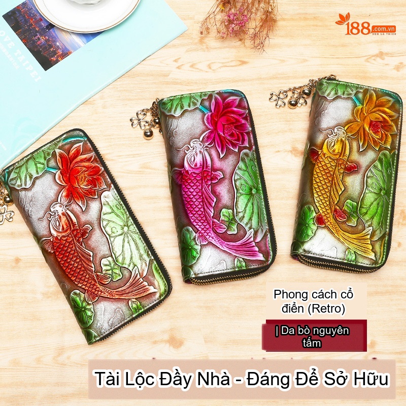 Ví Dài Nữ Da Bò Dập Nổi Họa Tiết Hoa Lá Khóa Kéo Phong Cách Retro Màu Đen, Nâu, Đỏ chi tiết 3