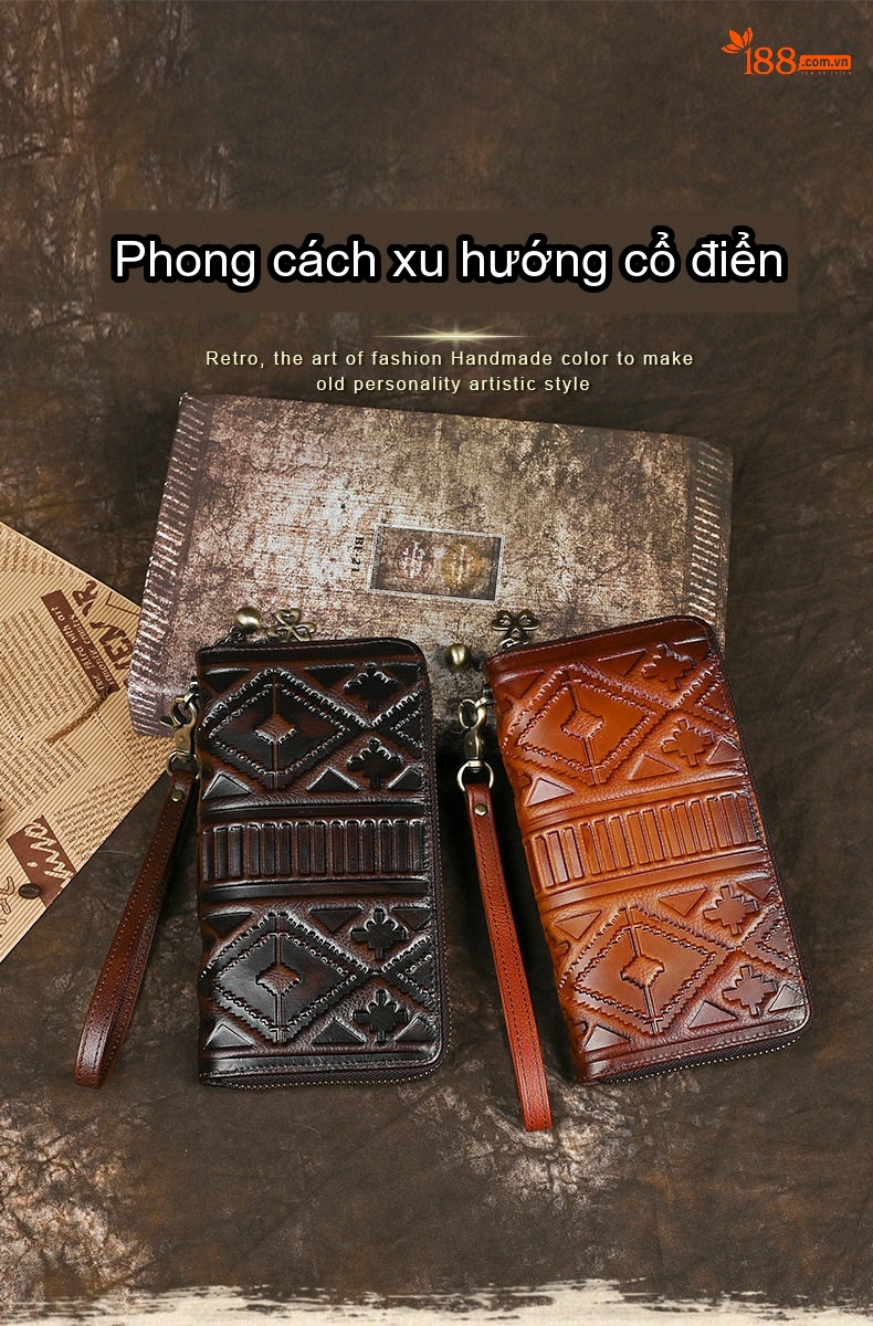 Ví Dài Nữ Da Bò Dập Nổi Họa Tiết Khóa Kéo Phong Cách Cổ Điển Màu Nâu, Đen chi tiết 1
