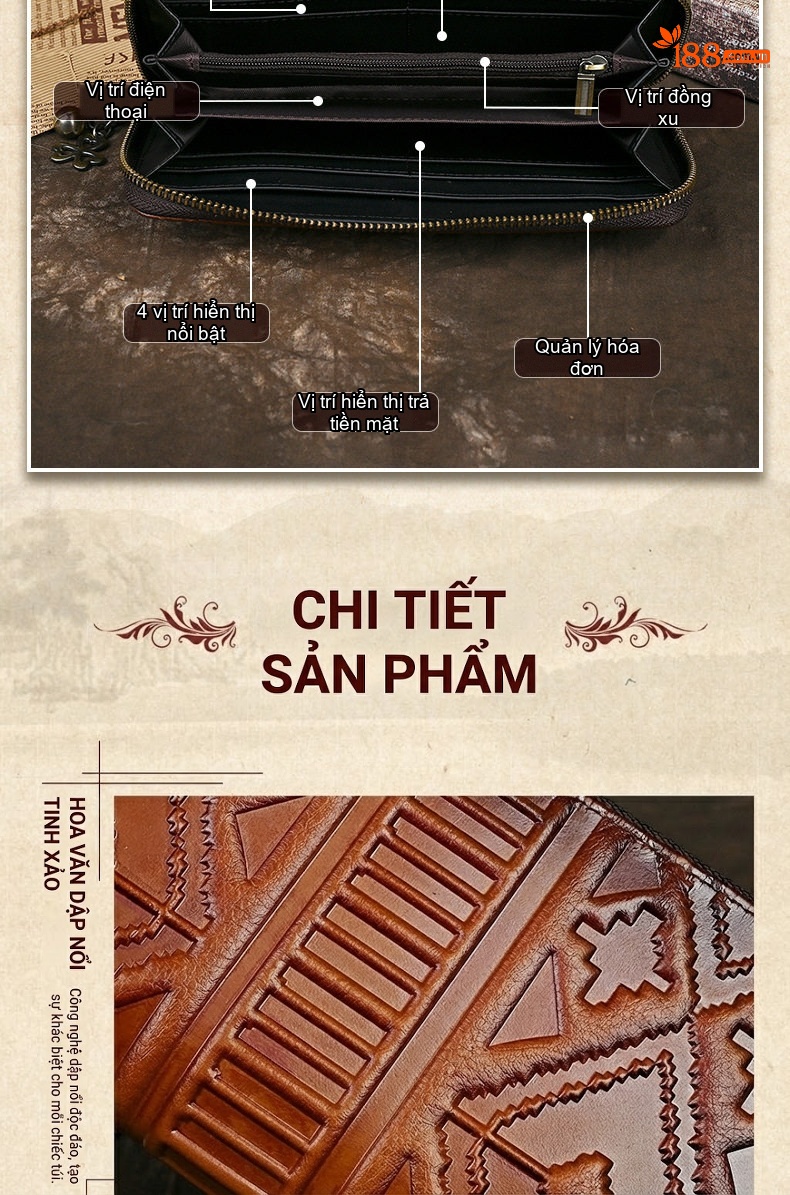 Ví Dài Nữ Da Bò Dập Nổi Họa Tiết Khóa Kéo Phong Cách Cổ Điển Màu Nâu, Đen chi tiết 5