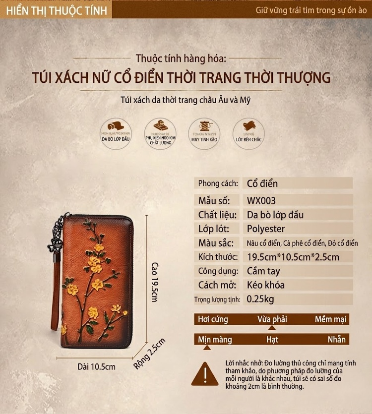 Ví Dài Nữ Da Bò Dập Nổi Hoa Văn Cầm Tay Phong Cách Vintage Màu Nâu Đỏ, Nâu Vàng, Đỏ chi tiết 1