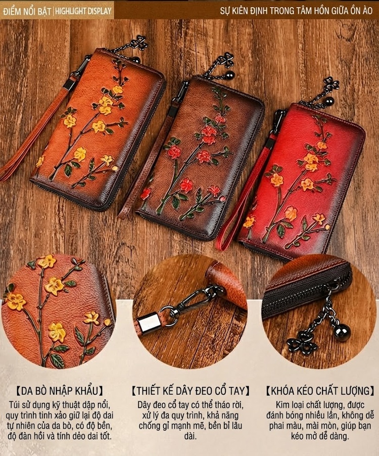 Ví Dài Nữ Da Bò Dập Nổi Hoa Văn Cầm Tay Phong Cách Vintage Màu Nâu Đỏ, Nâu Vàng, Đỏ chi tiết 2