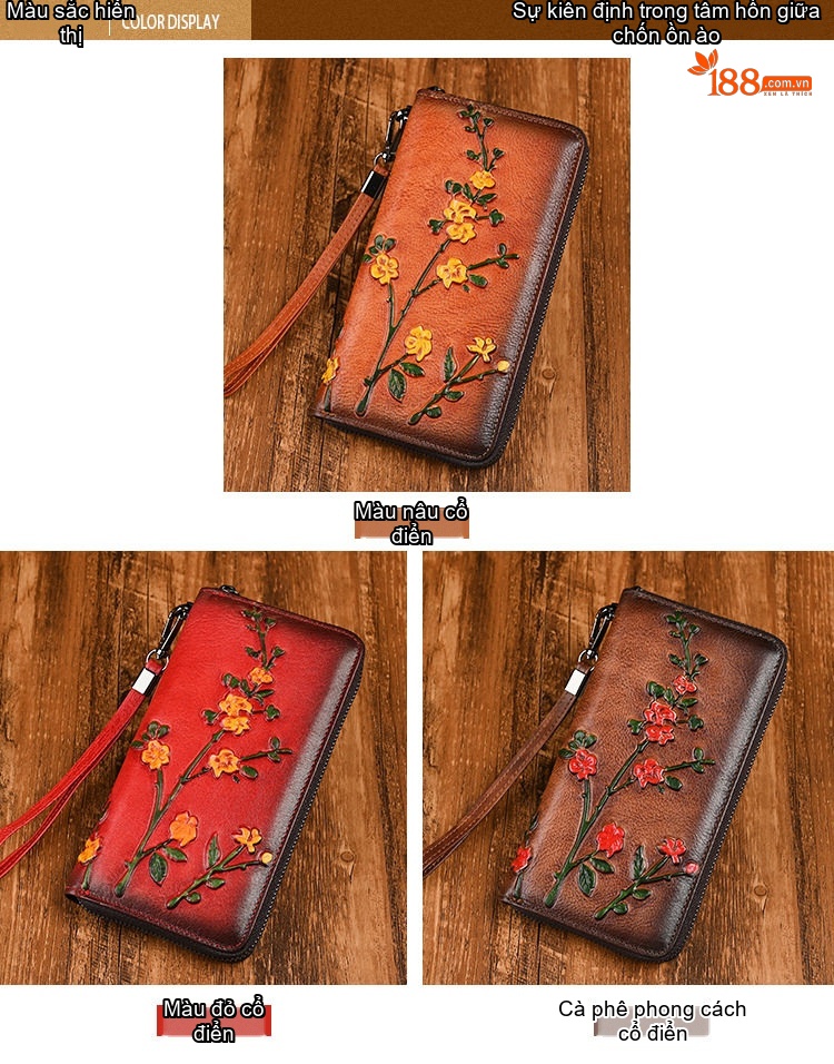 Ví Dài Nữ Da Bò Dập Nổi Hoa Văn Cầm Tay Phong Cách Vintage Màu Nâu Đỏ, Nâu Vàng, Đỏ chi tiết 3