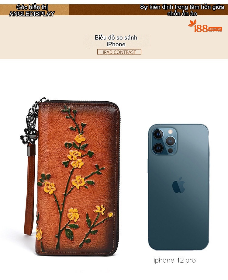 Ví Dài Nữ Da Bò Dập Nổi Hoa Văn Cầm Tay Phong Cách Vintage Màu Nâu Đỏ, Nâu Vàng, Đỏ chi tiết 4
