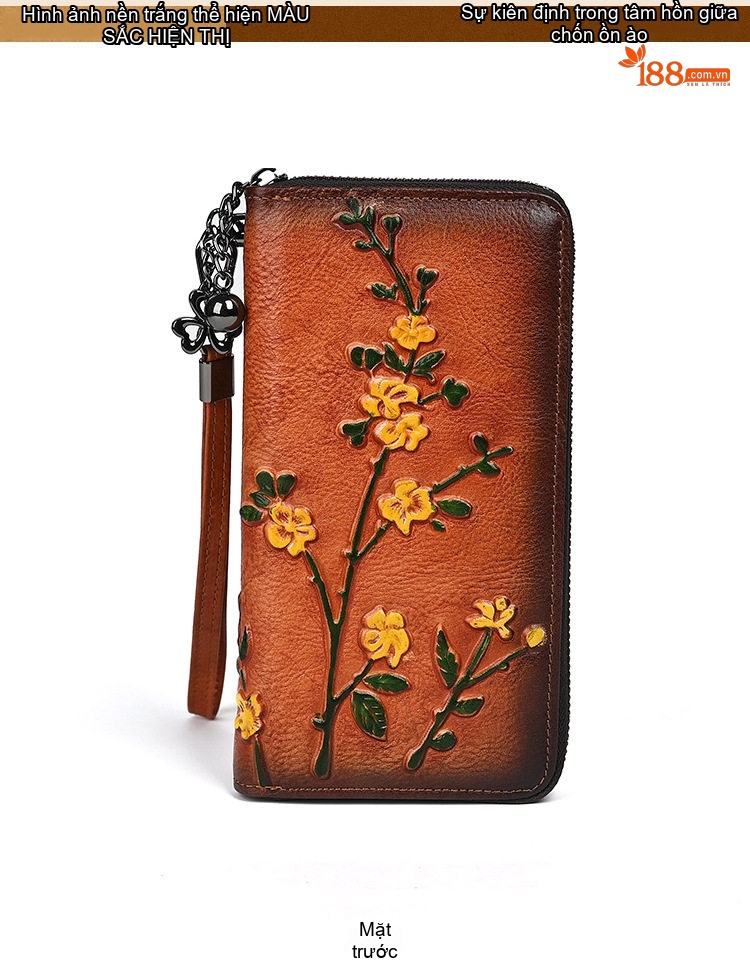 Ví Dài Nữ Da Bò Dập Nổi Hoa Văn Cầm Tay Phong Cách Vintage Màu Nâu Đỏ, Nâu Vàng, Đỏ chi tiết 5