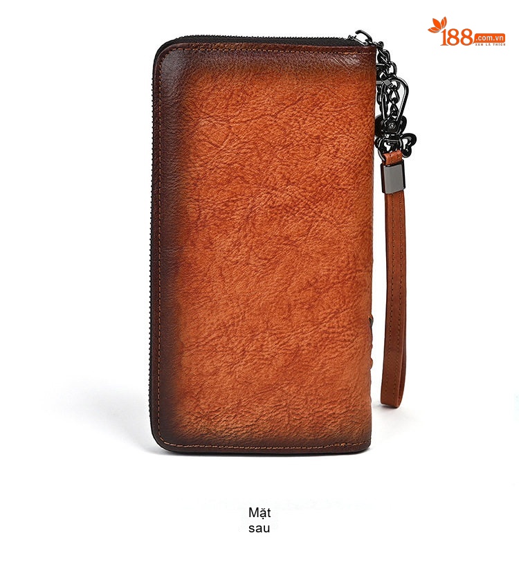 Ví Dài Nữ Da Bò Dập Nổi Hoa Văn Cầm Tay Phong Cách Vintage Màu Nâu Đỏ, Nâu Vàng, Đỏ chi tiết 6