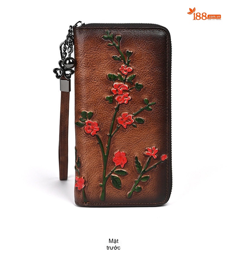 Ví Dài Nữ Da Bò Dập Nổi Hoa Văn Cầm Tay Phong Cách Vintage Màu Nâu Đỏ, Nâu Vàng, Đỏ chi tiết 7