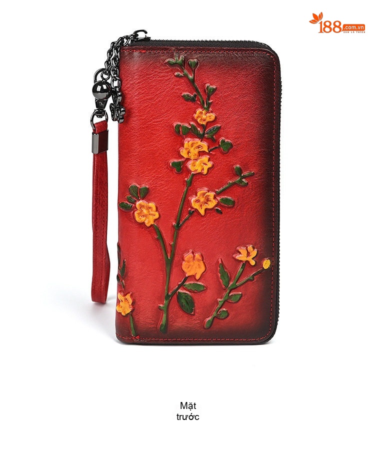 Ví Dài Nữ Da Bò Dập Nổi Hoa Văn Cầm Tay Phong Cách Vintage Màu Nâu Đỏ, Nâu Vàng, Đỏ chi tiết 9
