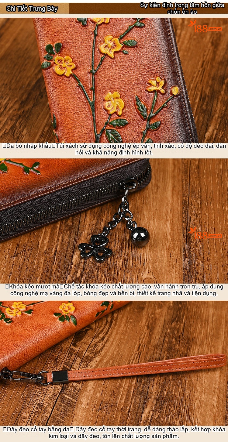 Ví Dài Nữ Da Bò Dập Nổi Hoa Văn Cầm Tay Phong Cách Vintage Màu Nâu Đỏ, Nâu Vàng, Đỏ chi tiết 13