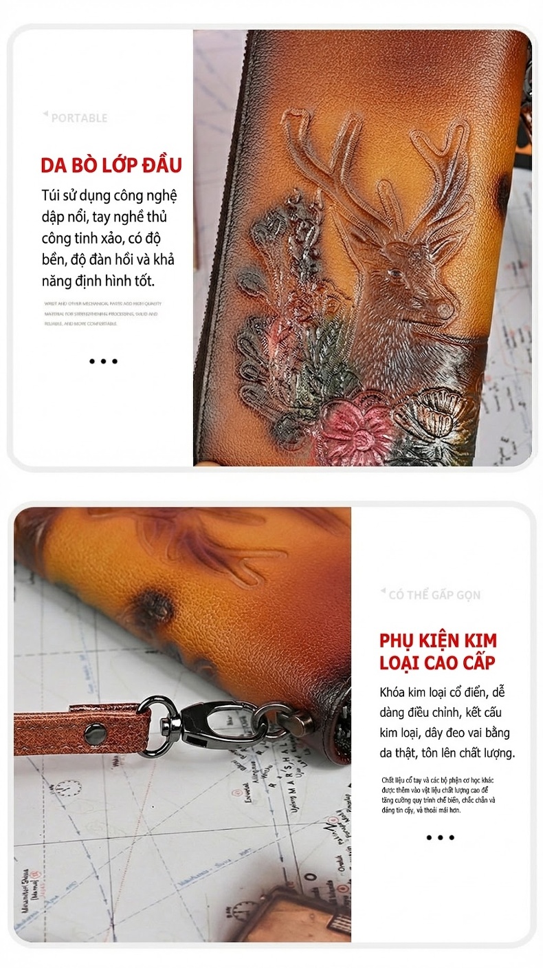 Ví Dài Nữ Da Bò Dập Nổi Hoa Văn Phong Cách Vintage Cầm Tay Màu Nâu chi tiết 12