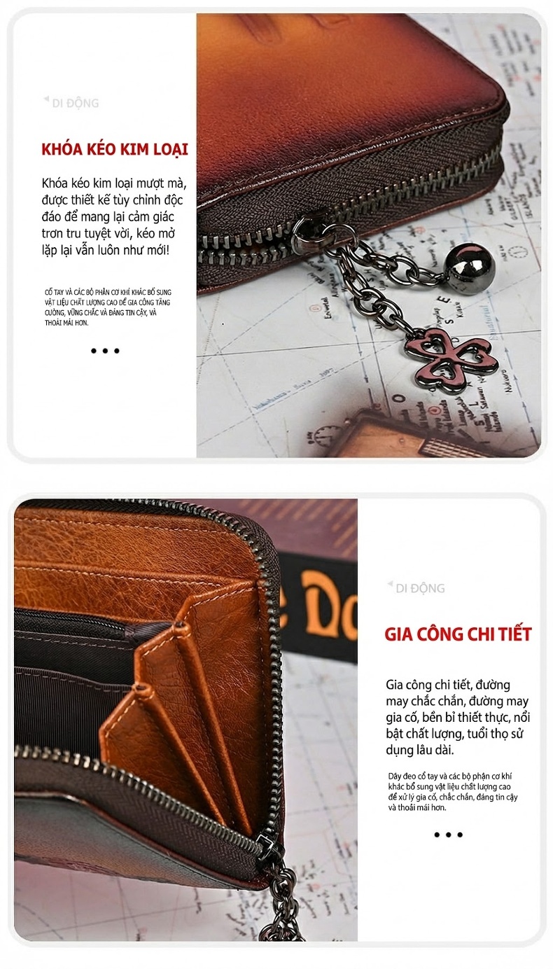 Ví Dài Nữ Da Bò Dập Nổi Hoa Văn Phong Cách Vintage Cầm Tay Màu Nâu chi tiết 13