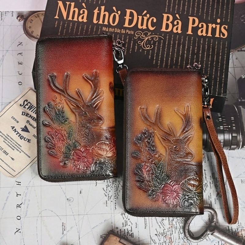 Ví Dài Nữ Da Bò Dập Nổi Hoa Văn Phong Cách Vintage Cầm Tay Màu Nâu
