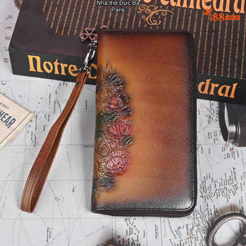 Ví Dài Nữ Da Bò Dập Nổi Hoa Văn Phong Cách Vintage Cầm Tay Màu Nâu