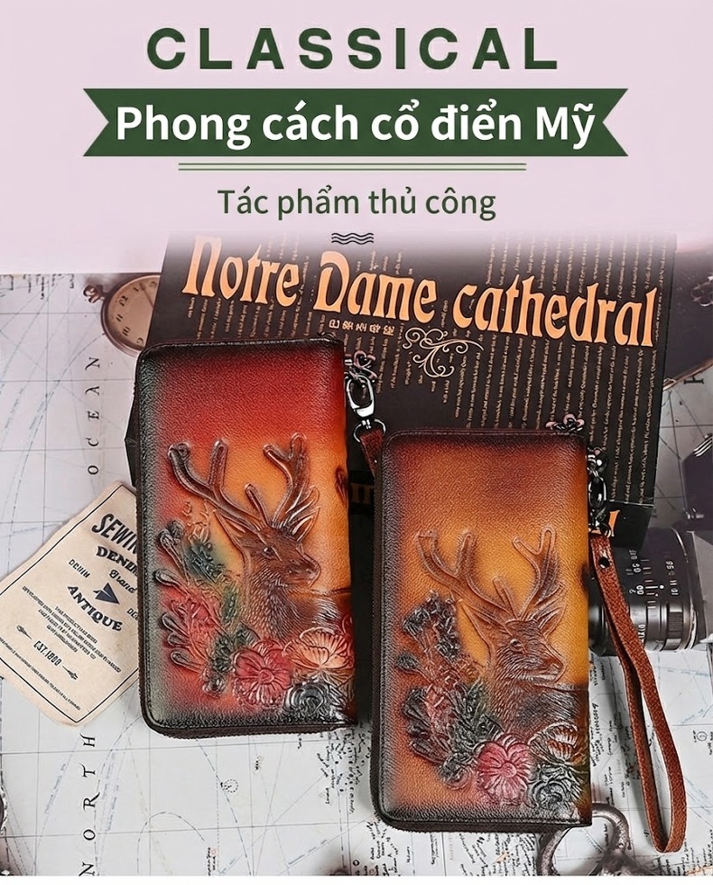 Ví Dài Nữ Da Bò Dập Nổi Hoa Văn Phong Cách Vintage Cầm Tay Màu Nâu chi tiết 1