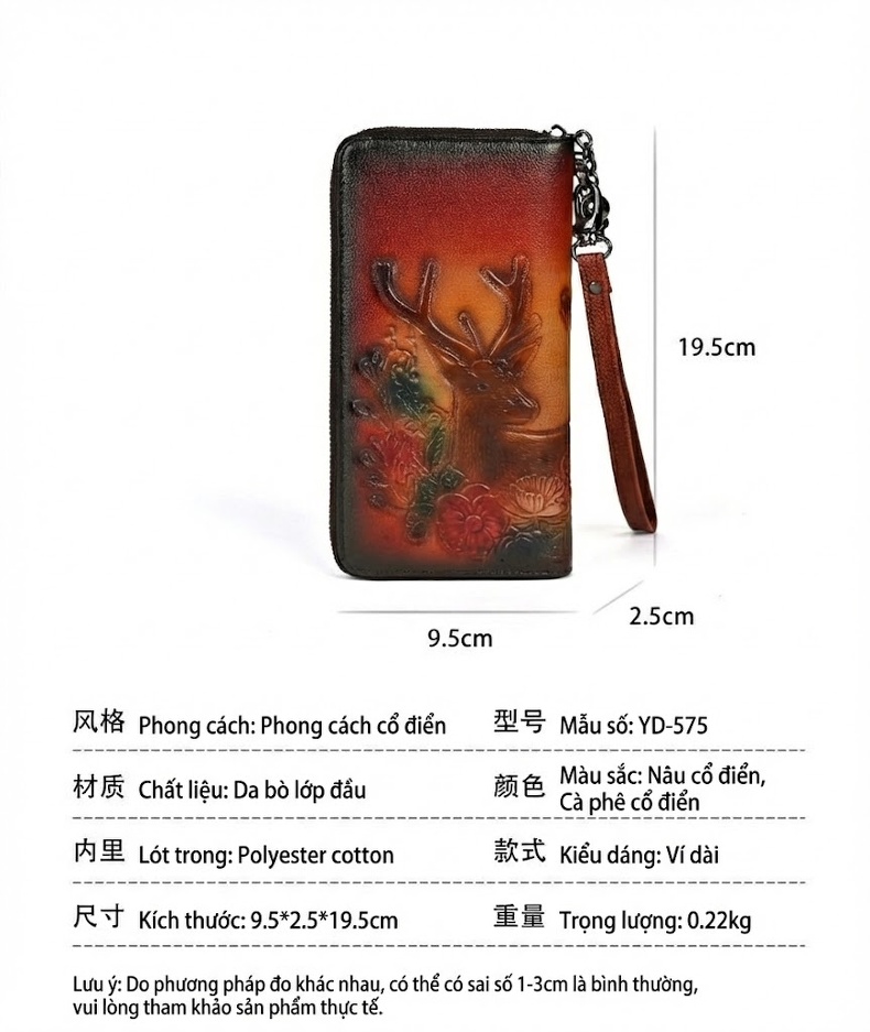 Ví Dài Nữ Da Bò Dập Nổi Hoa Văn Phong Cách Vintage Cầm Tay Màu Nâu chi tiết 3