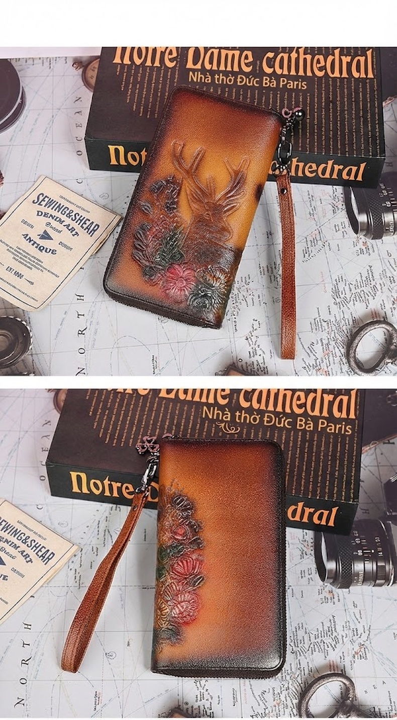 Ví Dài Nữ Da Bò Dập Nổi Hoa Văn Phong Cách Vintage Cầm Tay Màu Nâu chi tiết 4