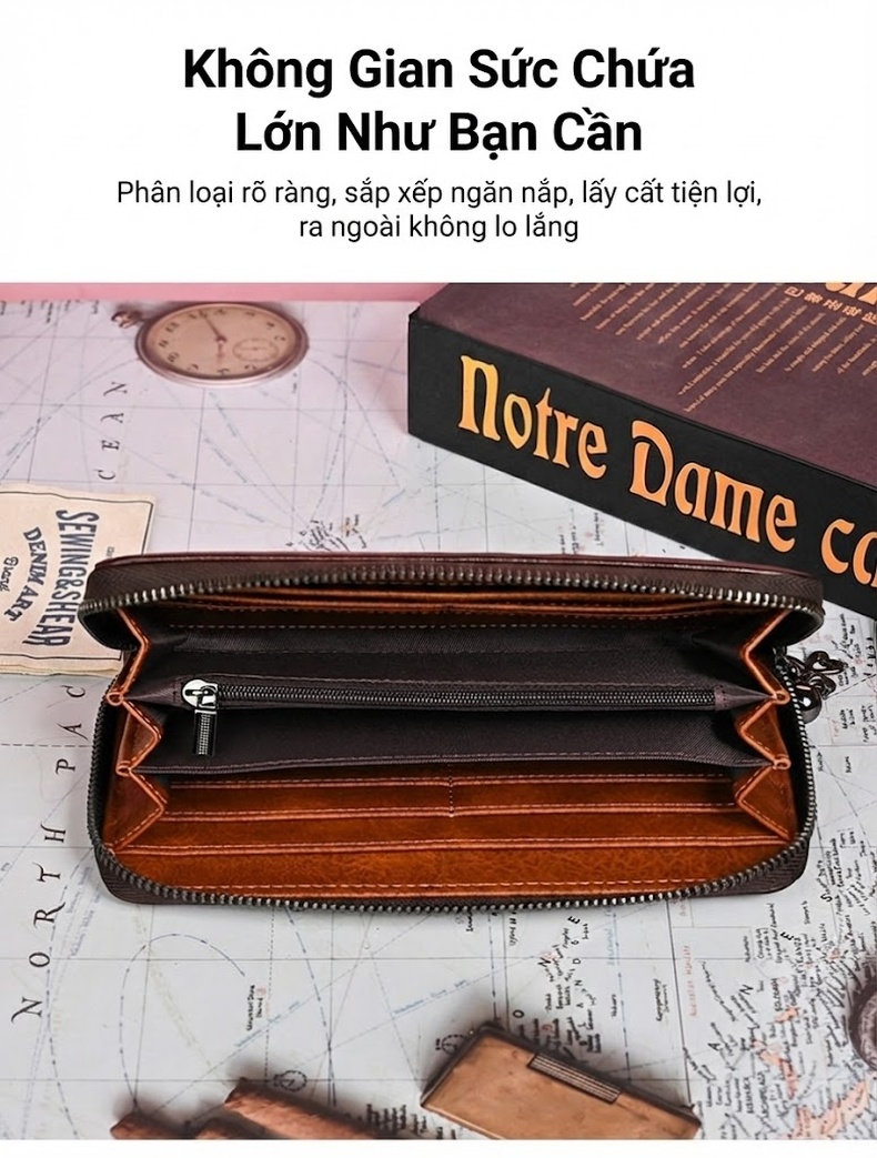 Ví Dài Nữ Da Bò Dập Nổi Hoa Văn Phong Cách Vintage Cầm Tay Màu Nâu chi tiết 10
