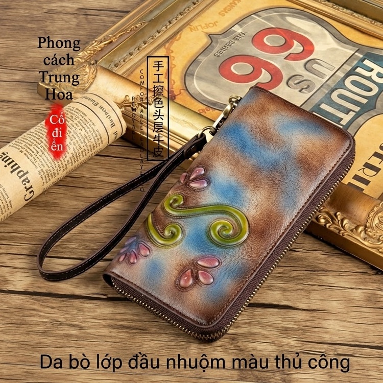 Ví Dài Nữ Da Bò Dập Vân Cổ Điển Cầm Tay Màu Nâu, Xanh Dương, Vàng, Xanh Lá... chi tiết 1