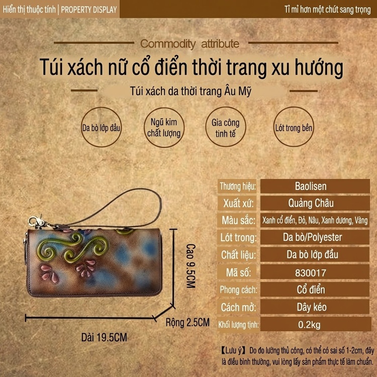 Ví Dài Nữ Da Bò Dập Vân Cổ Điển Cầm Tay Màu Nâu, Xanh Dương, Vàng, Xanh Lá... chi tiết 3