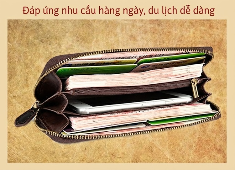 Ví Dài Nữ Da Bò Dập Vân Cổ Điển Cầm Tay Màu Nâu, Xanh Dương, Vàng, Xanh Lá... chi tiết 6