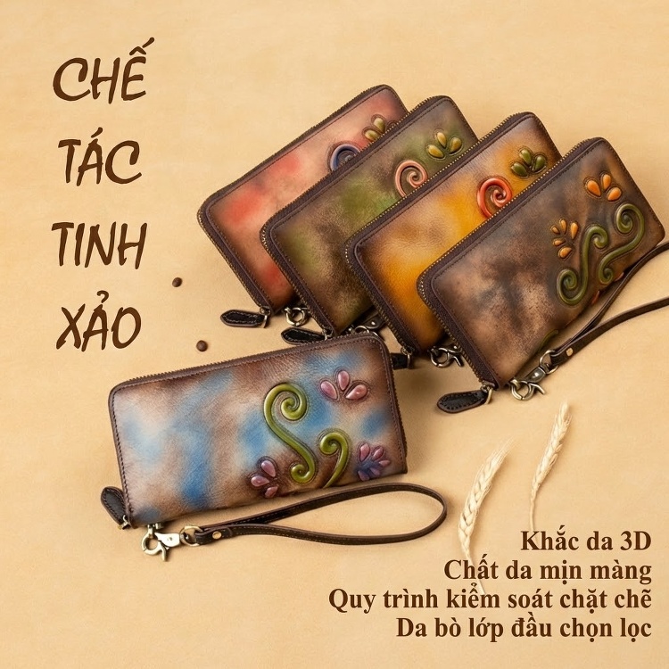 Ví Dài Nữ Da Bò Dập Vân Cổ Điển Cầm Tay Màu Nâu, Xanh Dương, Vàng, Xanh Lá... chi tiết 10