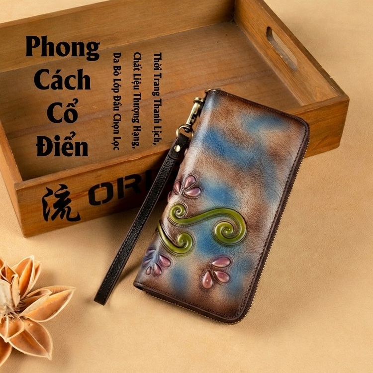 Ví Dài Nữ Da Bò Dập Vân Cổ Điển Cầm Tay Màu Nâu, Xanh Dương, Vàng, Xanh Lá... chi tiết 11