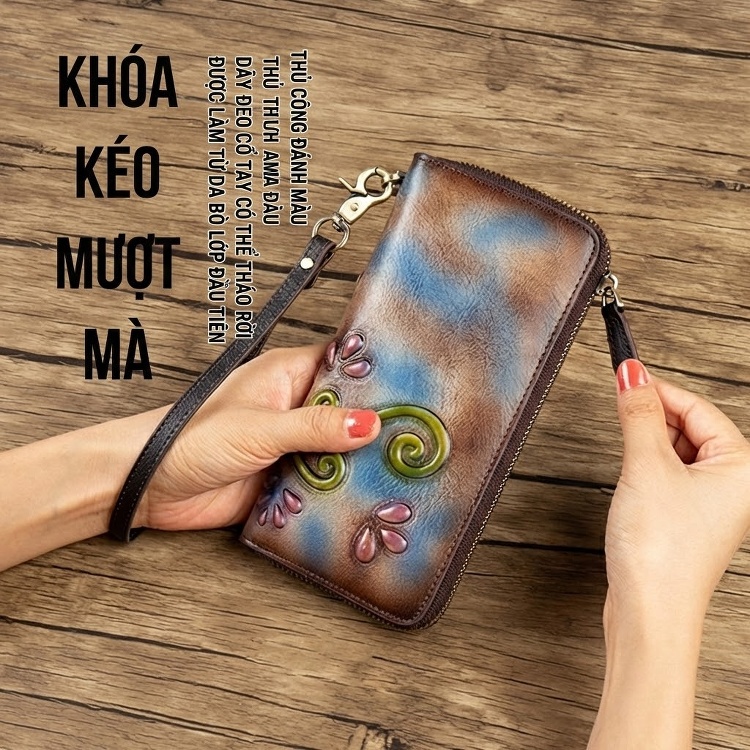 Ví Dài Nữ Da Bò Dập Vân Cổ Điển Cầm Tay Màu Nâu, Xanh Dương, Vàng, Xanh Lá... chi tiết 12